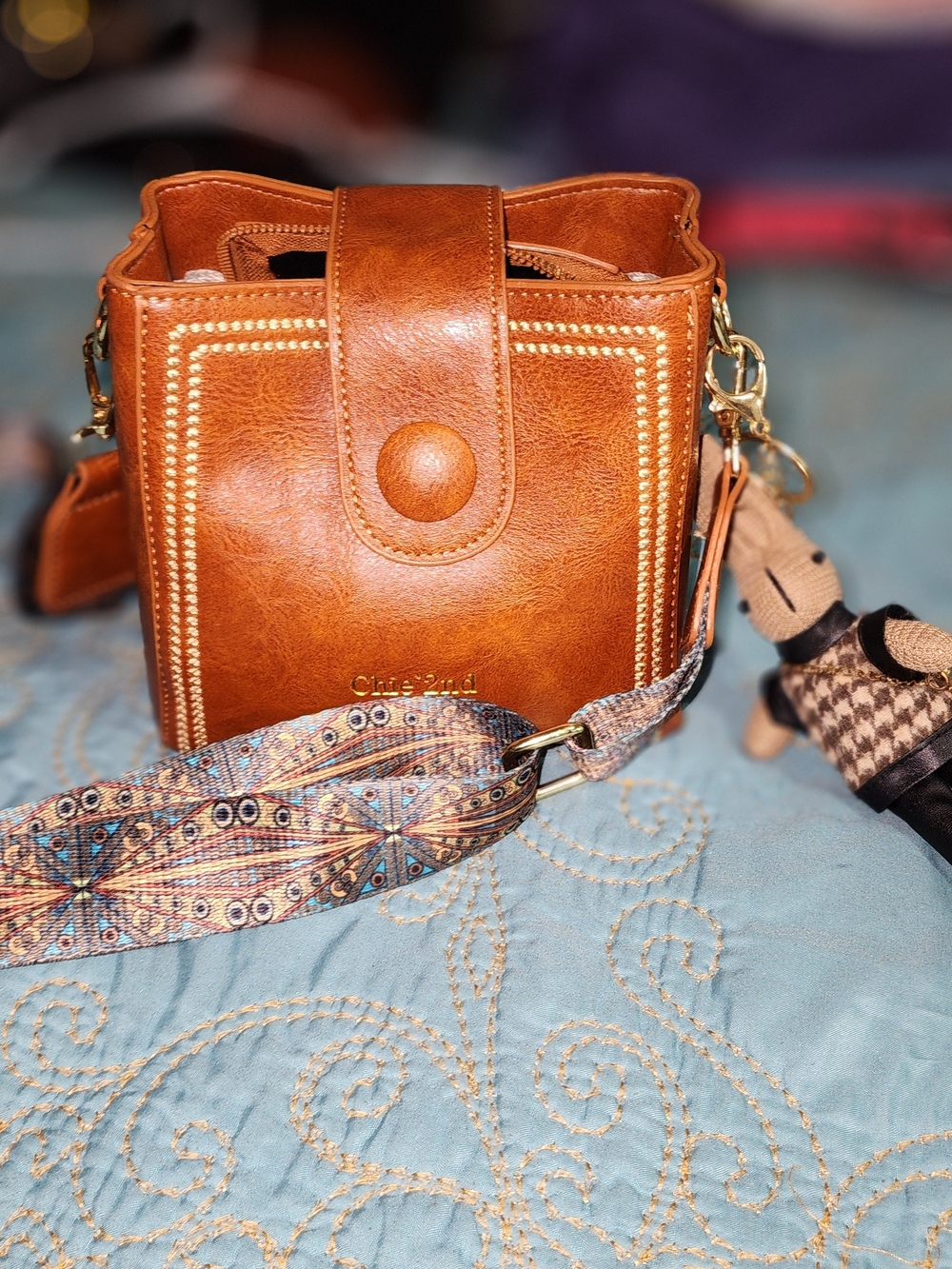 Chestnut Brown Leather Crossbody Bag with Decorative Strap